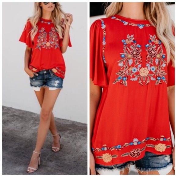 Boutique Tops - 🌟LAST ONE🌟Tomato Embroidered Top